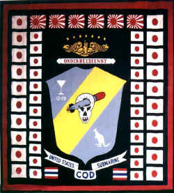 USS Cod's battle flag. Note the cocktail glass, the text 'O 19" and the word 'onderzeedienst (Dutch for submarine service) (Photo: © Collection J. Fakan)