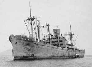 The Japanese troopship ms Hokkai Maru off Kuching. (Photo: © Collection Jan Visser).